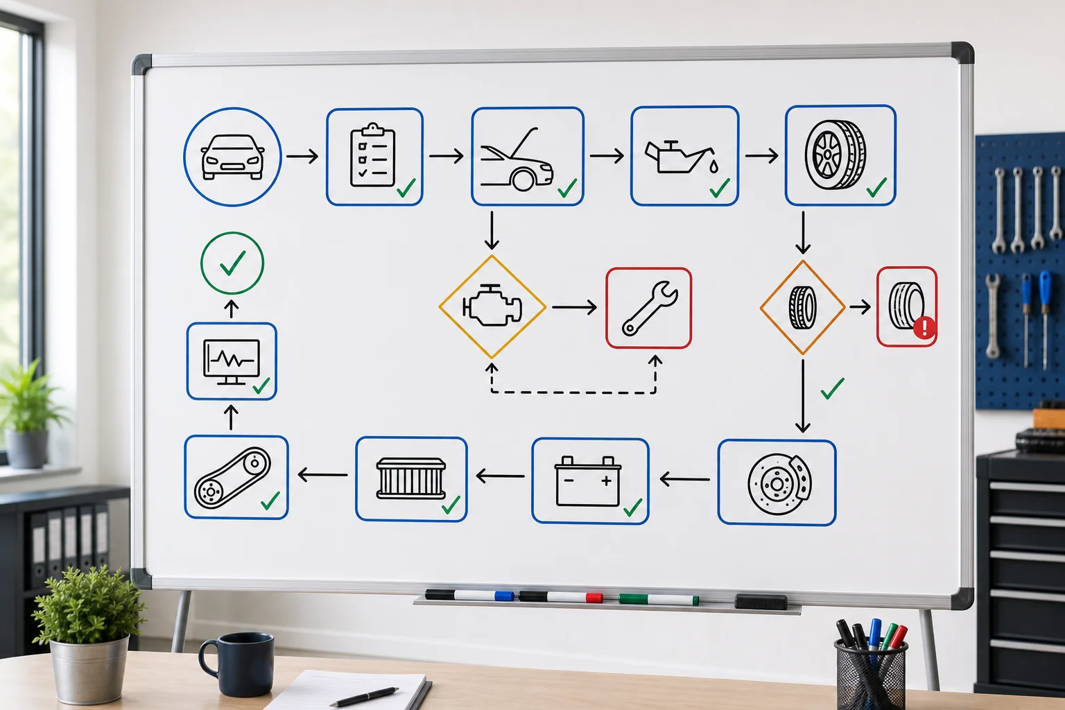 Whiteboard mit Prüfpunkten ohne lesbaren Text