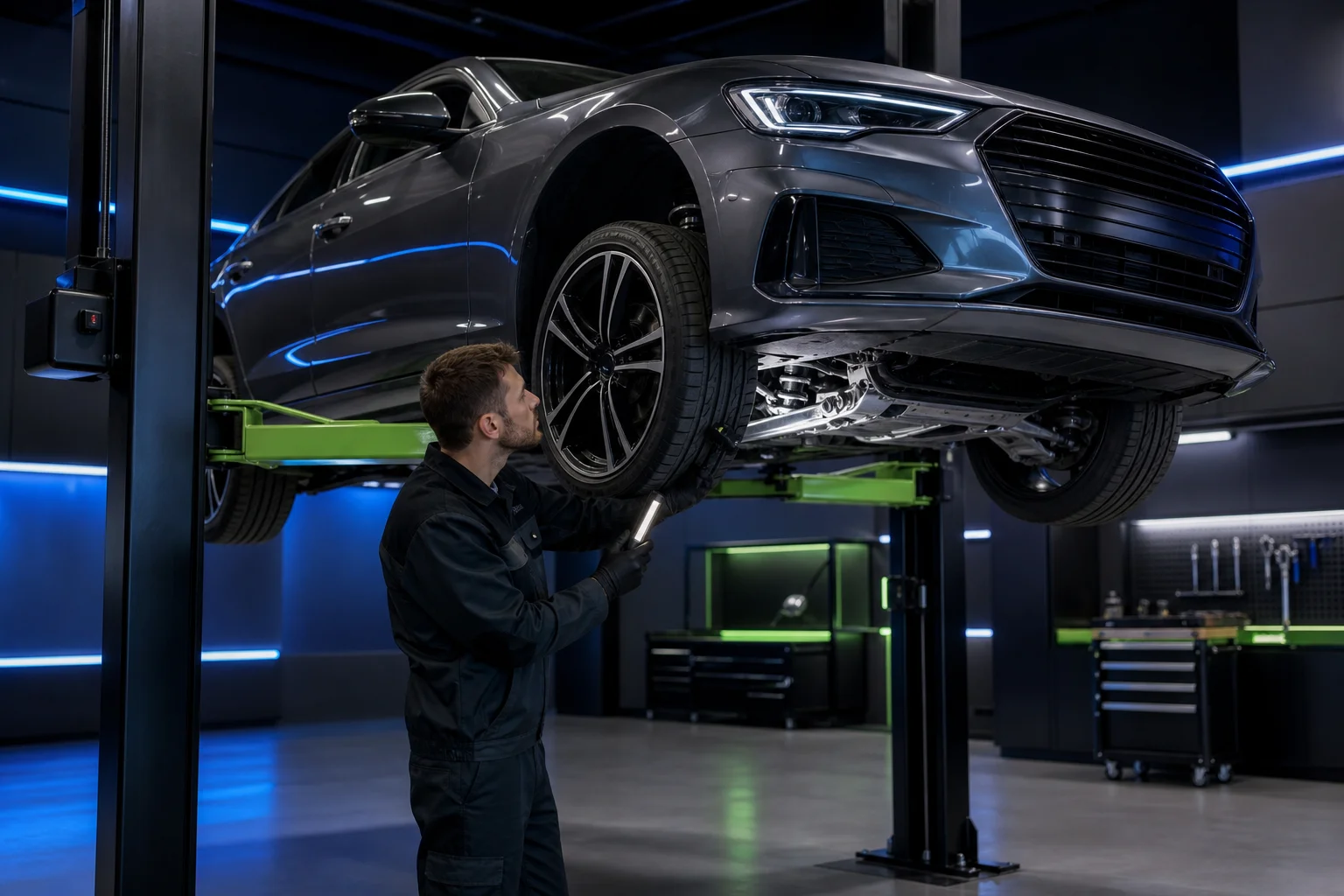 Motorraum mit Diagnose-Tablet und Bremsenprüfwerkzeugen